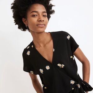 Madewell Black Daisy-Print Wrap Top